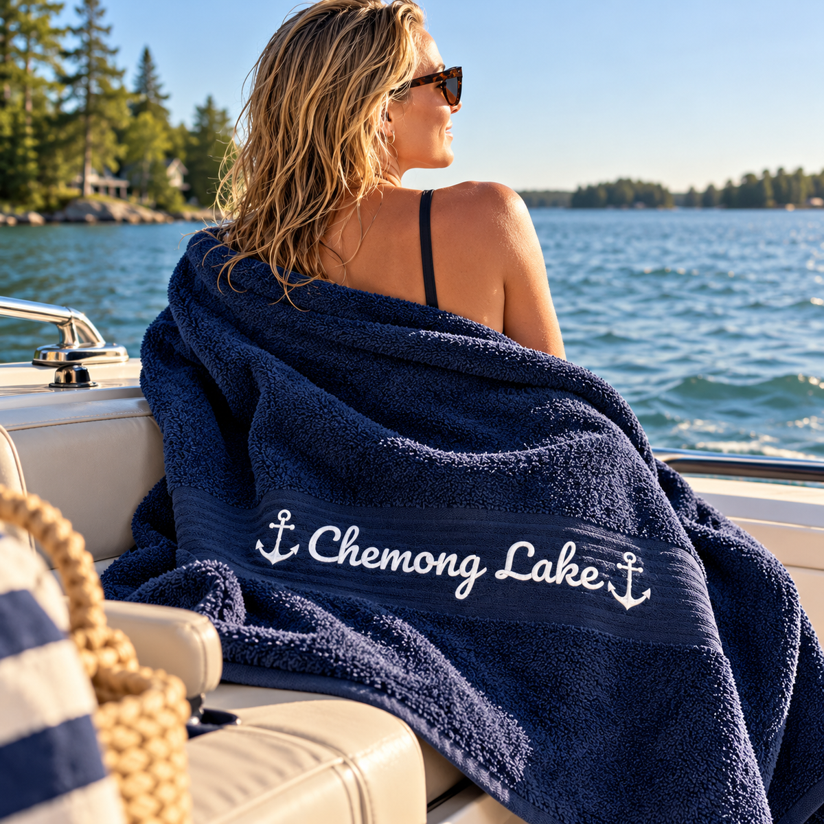 Chemong Lake Embroidered Oversized Lake Towels - Navy
