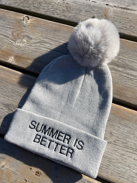 "Summer Is Better at the Lake” Toque with Grey Faux-Fur Pom