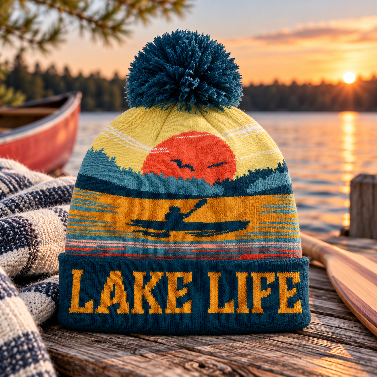 Lake Life Sunset Pom Pom Toque